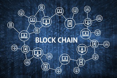 blockchain network concept , distributed ledger technology , block chain text and computer connection with blue matrix coded background