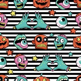halloween seamless pattern with fashion patch badges with pumpkin, zombies and other elements. vector background with stickers, pins, patches in cartoon comic style.