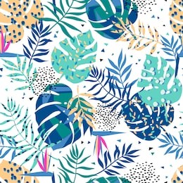 vector seamless graphical tropical leaves bright pattern with vibrant texture in pop art style, modern summer background allover print. split leaf, philodendron, monstera leaves 