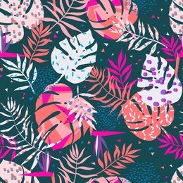 vector seamless graphical tropical leaves bright pattern with vibrant texture in pop art style, modern summer background allover print. split leaf, philodendron, monstera leaves 