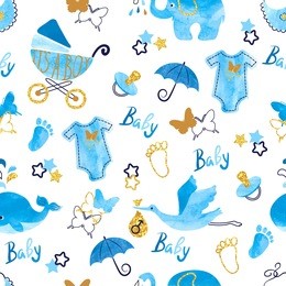 baby shower boy seamless pattern. vector watercolor kids background. 