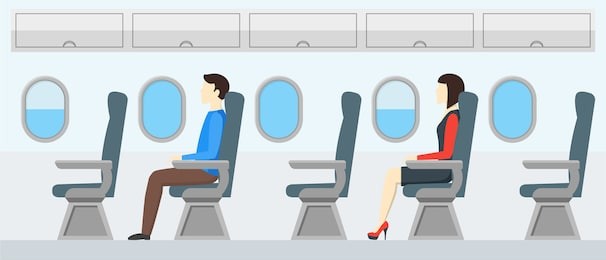 vector illustration of jet passenger on the seat flight. aircraft seats line in cabin.