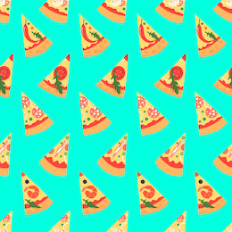 set of pizza slices with different toppings including shrimps, chili pepper, mushrooms, bacon, cheese, onion, tomatoes, salami. vector illustration. seamless pattern. cartoon style