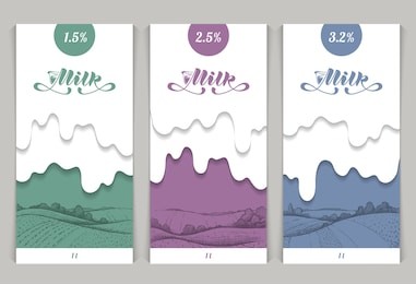 vector set of templates packaging milk, natural dairy products, label, banner, poster, identity, branding. color background with sketch hand drawn illustration - nature landscape. stylish design