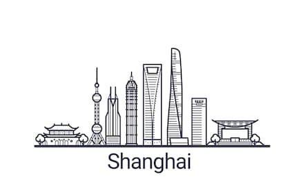 linear banner of shanghai city. all shanghai buildings - customizable objects with opacity mask, so you can simple change composition and background fill. line art.