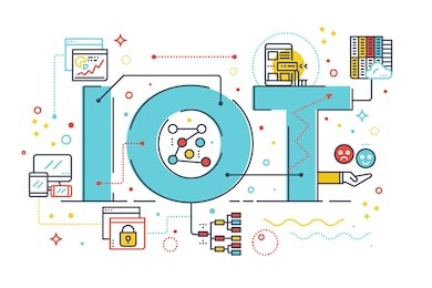 internet of things, internet computer technology concept word lettering design illustration with line icons and ornaments in blue theme