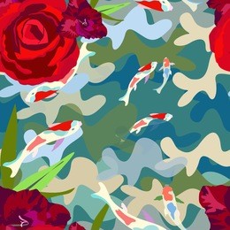 abstract illustration style camo fabric, colorful fish koi (japanese, chinese carp) in pond, floral algae and rose background, fashion design vector print, seamless pattern 