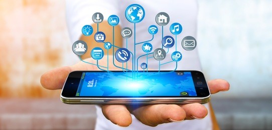 young businessman holding modern digital electronic circuit with icons over his mobile phone 3d rendering