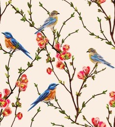 beautiful seamless vector pattern with tropical japanese flowers and birds, tree, spring wallpaper,  branches, leaves  isolated on white background