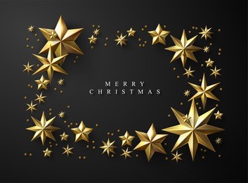 christmas frame made of cutout gold foil stars on black background. chic christmas greeting card.