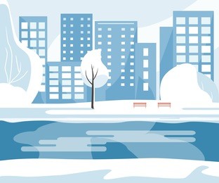 winter public park with trees, river, benches and city buildings in the background. vector illustration flat design