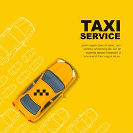 taxi service concept. vector yellow banner, poster or flyer background template. yellow cab and outline cars isolated on white background. street traffic, parking, city transport illustration.