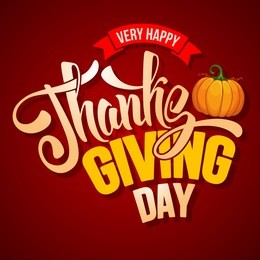 thanksgiving greeting card with pumpkin and calligraphy inscription thanksgiving day. happy thanksgiving day logo template. vector stock illustration.