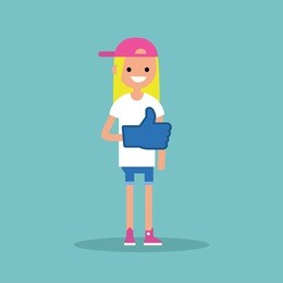 like concept. teenage blond girl wearing foam finger / editable flat vector illustration
