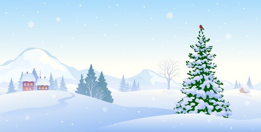 vector drawing of beautiful winter morning mountains, horizontal background