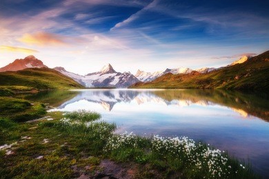 great view of mt. schreckhorn and wetterhorn above bachalpsee lake. dramatic and picturesque scene. popular tourist attraction. location place swiss alps, grindelwald valley, europe. beauty world.