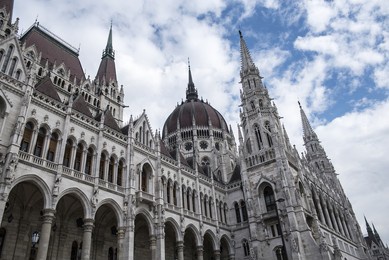 view of the hungarian parliament building on the bank of danube river, at the center of the city of budapest in hungary