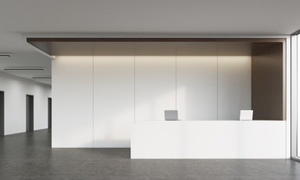 office corridor with reception desk, laptops and long row of doors. concept of office culture. 3d rendering. mock up. 