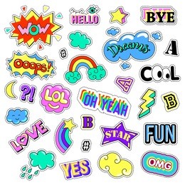 pop art set with fashion patch badges. stickers, pins, patches, quirky, handwritten notes collection. 80s-90s style. trend. vector illustration isolated. vector clip art.