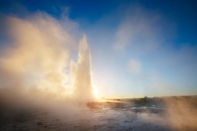 great view of strokkur geyser in morning light. popular tourist attraction. dramatic and gorgeous scene. location place geyser park, hvita river, haukadalur valley area, iceland. europe. beauty world.