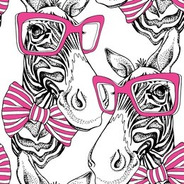 seamless pattern. zebra portrait in a striped tie with a pink glasses on a white background. vector illustration.