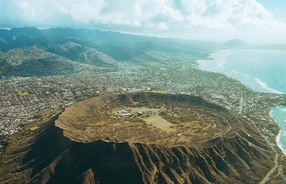 aerial view on a huge crater - view from above on hawaii island, oahu, usa.