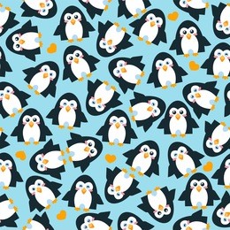 vector seamless pattern. illustration of funny cartoon penguins, cute flat style. abstract bird background in childish style. perfect for wallpaper, paper, print, ornament, fabric. black, blue color