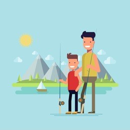 father and son going fishing. happy child spends time with his father on a fishing trip. active outdoor recreation. family on a background of lake and mountains. flat vector illustration.