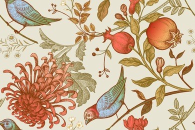 vintage japanese chrysanthemum flowers, pomegranates, branches, leaves and birds. vector seamless pattern. illustration for fabrics, phone case paper, gift packaging, textiles, interior design, cover.