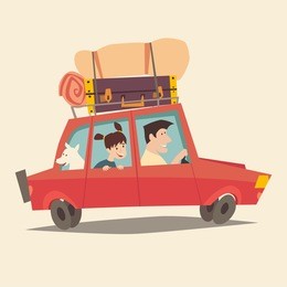 traveling by car. father driving car. happy family summer vacations. tourism, cartoon character family. family trip. travel with dog, flat style vector illustration. isolated on white background