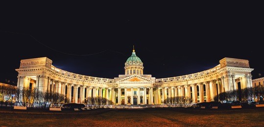panorama of cathedral of our lady of kazan, russian orthodox church in saint petersburg, russia at night