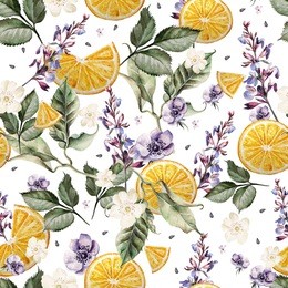 colorful watercolor pattern with lavender flowers, anemones, and orange fruits. illustrations.
