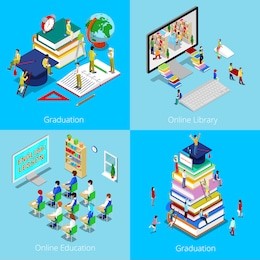 isometric educational concept. online education, internet library, graduation with cap and students. vector 3d flat illustration