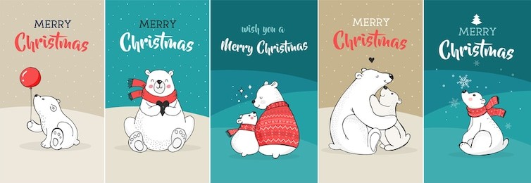 hand drawn cute polar bears. merry christmas greetings card