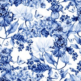 watercolor colorful pattern with magnolia flowers, iris, hydrangea, anemone and currant berries. illustrations