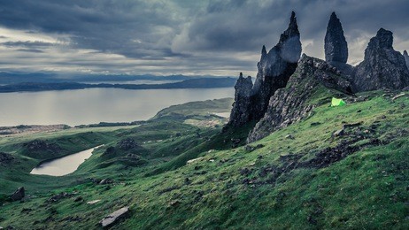 campsite in old man of storr in scotland, isle of skye