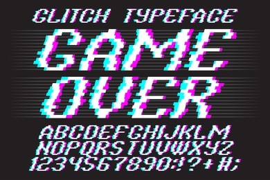 glitch typeface game over. glitched font and numbers set. 