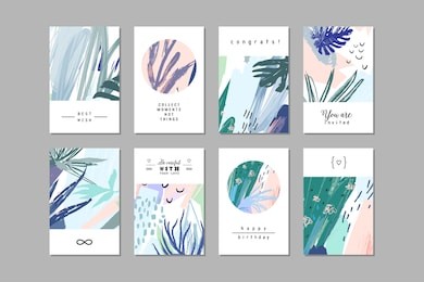 set of creative universal floral cards in tropical style. hand drawn textures. wedding, anniversary, birthday, valentin's day, party invitations. vector. isolated.