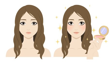 cute cartoon girl shows beautiful blush cheeks as a result after applying compact blusher with mirror. icon set for skincare infographic. colorful vector image illustrated steps of using cosmetic.