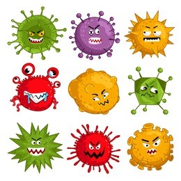 cartoon virus character vector illustration on white background. cute fly germ virus infection vector and funny micro bacteria character. microbe, pathogen, virus icon. funny isolated virus characters
