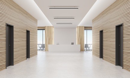 office corridor with four doors and reception desk in the end of it with two conference rooms by its side. 3d rendering. mock up.