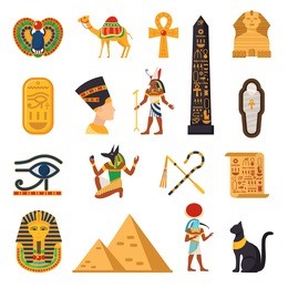 egypt touristic icons set with pyramids and desert symbols flat isolated vector illustration 