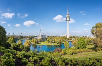 view over olympiapark with tower at munich, bavaria, germany
