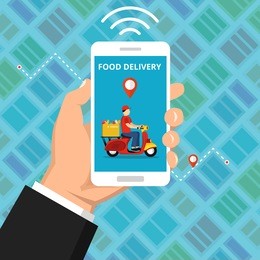 concept of the fast grocery delivery service. hand holding smartphone with scooter or motorbike on the screen. flat vector illustration.