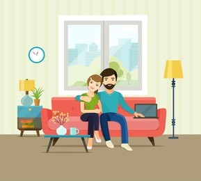 smiling romantic couple at home sitting on sofa. vector flat  illustration