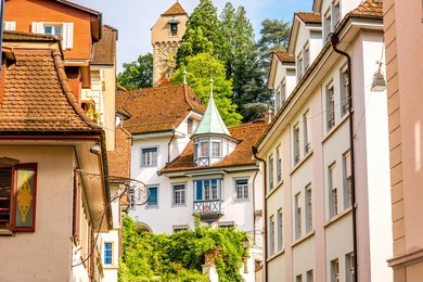 beautiful street view with old buildings in lucerne city in switzerland