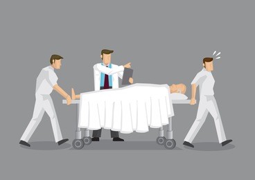 health professionals transporting elderly patient on mobile hospital bed with doctor directing at the side. cartoon vector illustration on health and medical emergency department service.