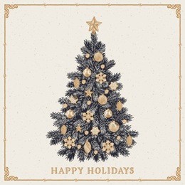 christmas tree. vintage greeting card with happy holidays inscription
