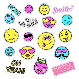 pop art set with fashion patch badges. smiles set. stickers, pins, patches, quirky, handwritten notes collection. 80s-90s style. trend. vector illustration isolated. vector clip art