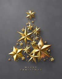christmas tree made of cutout gold foil stars and gold beads on grey background. chic christmas greeting card.
